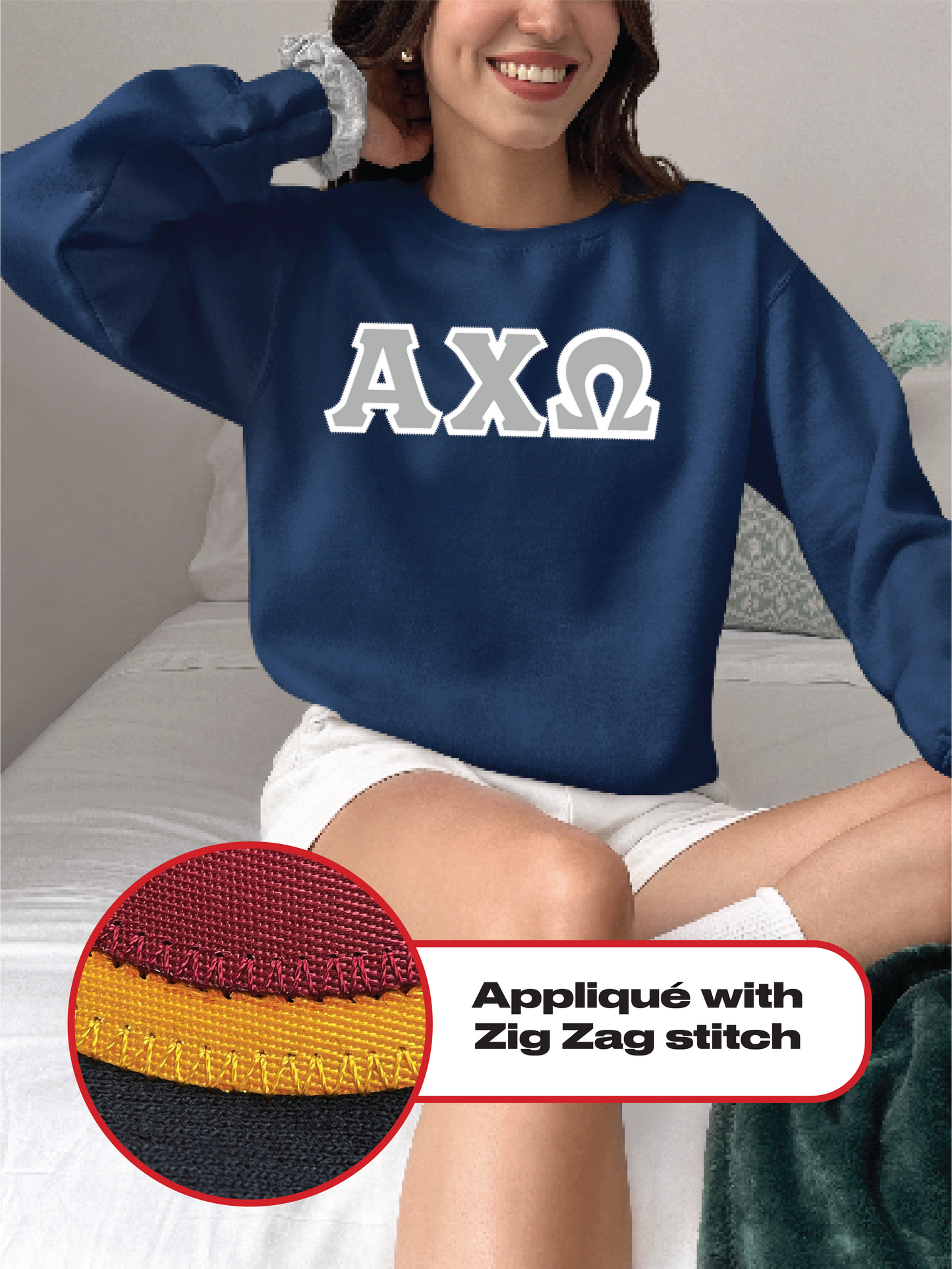 Alpha Chi Omega crewneck sweatshirt letters // Alpha Chi Omega zig-zag embroidered crewneck letters