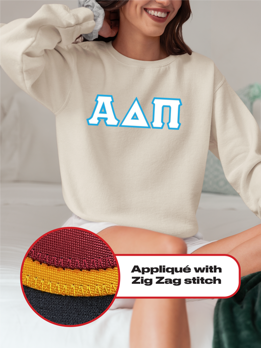 Alpha Delta Pi crewneck sweatshirt letters // Alpha Delta Pi zig-zag embroidered crewneck letters