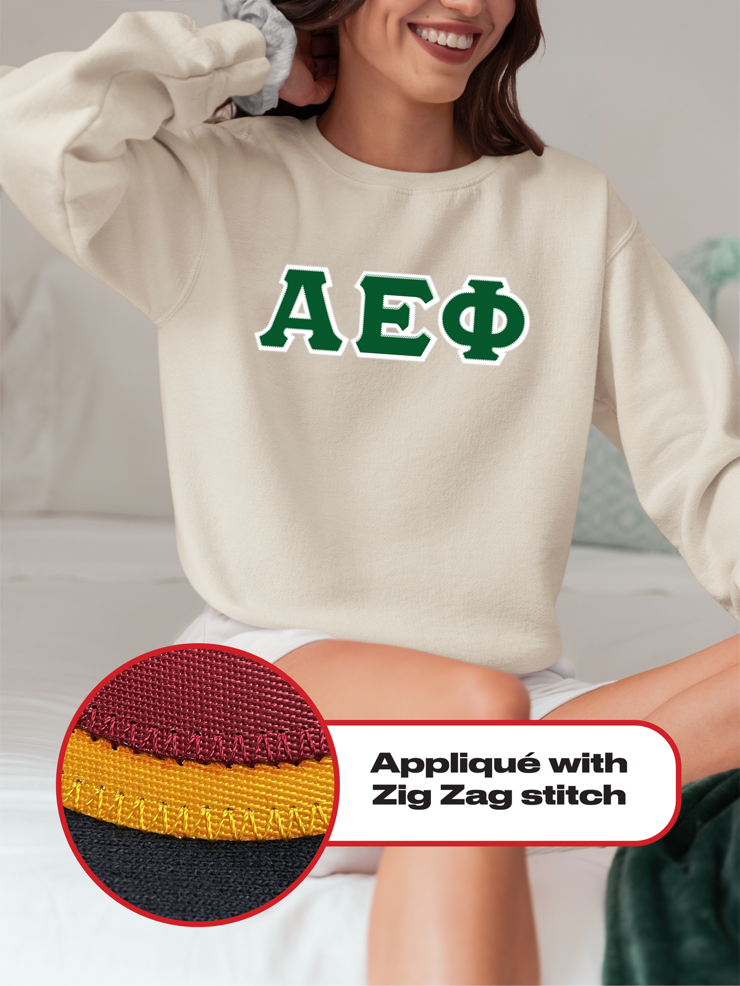 Alpha Epsilon Phi crewneck sweatshirt letters // Alpha Epsilon Phi zig-zag embroidered crewneck letters