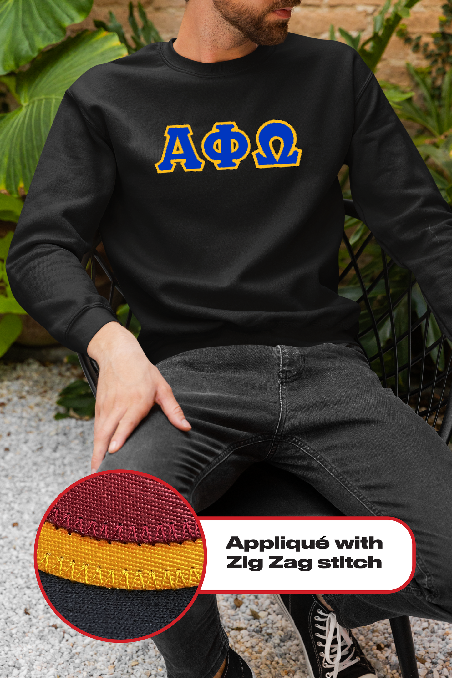 Alpha Phi Omega crewneck sweatshirt letters // Alpha Phi Omega zig-zag embroidered crewneck letters