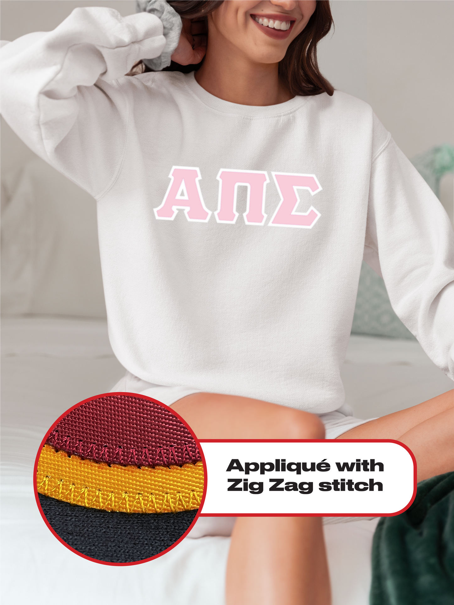 Alpha Pi Sigma crewneck sweatshirt letters // Alpha Pi Sigma zig-zag embroidered crewneck letters