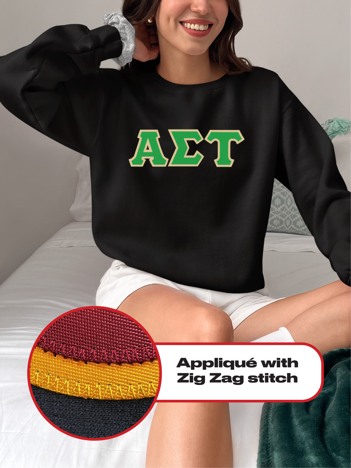 Alpha Sigma Tau crewneck sweatshirt letters // Alpha Sigma Tau zig-zag embroidered crewneck letters