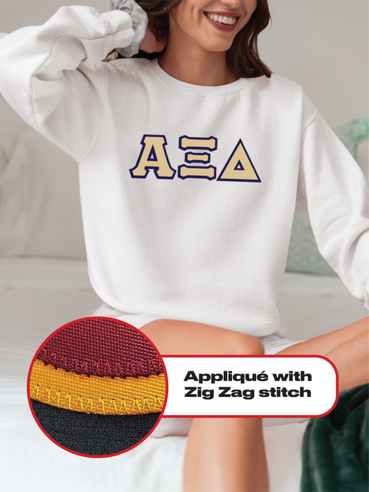 Alpha Xi Delta crewneck sweatshirt letters // Alpha Xi Delta zig-zag embroidered crewneck letters