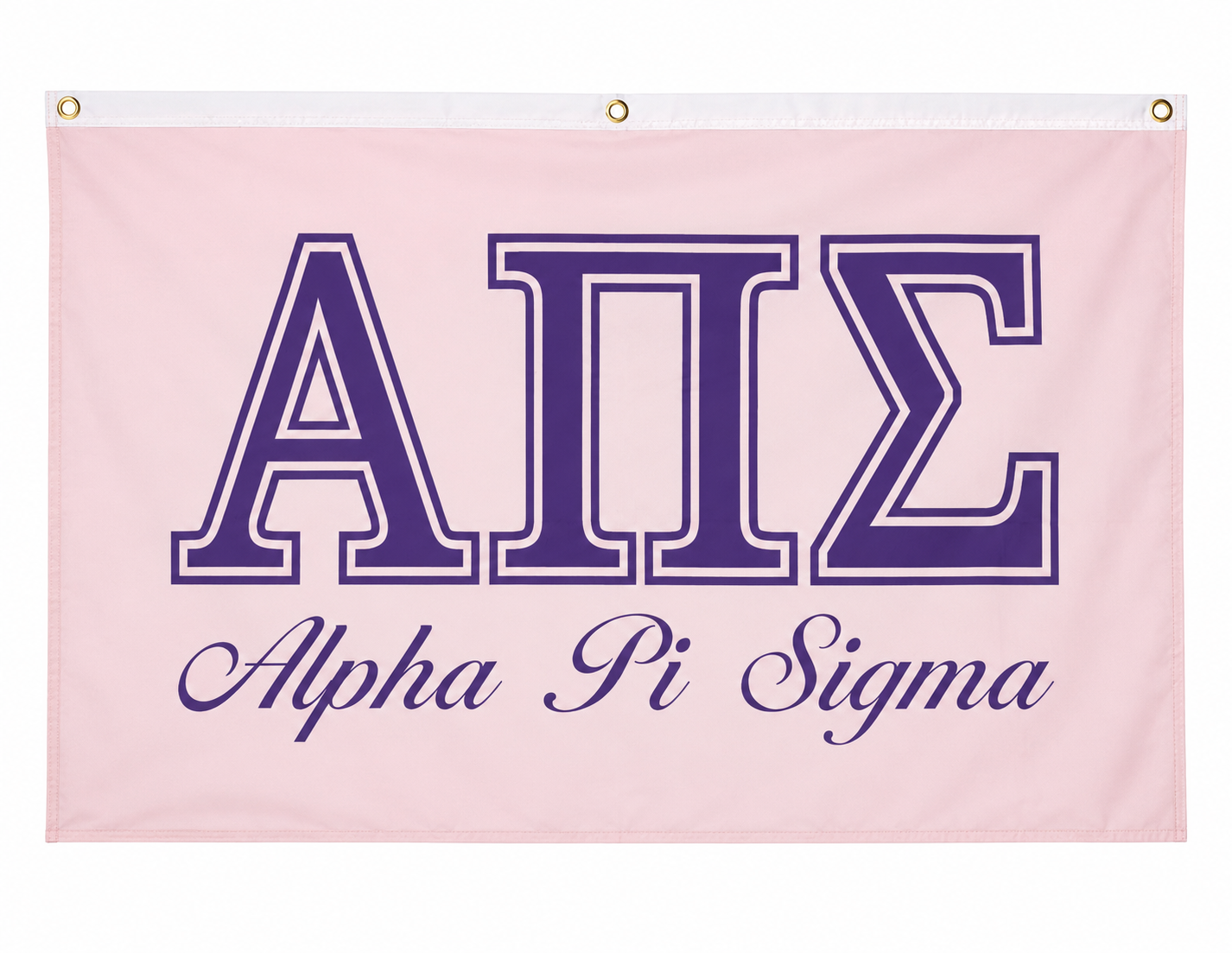 A light pink Alpha Pi Sigma banner featuring the Greek letters 'ΑΠΣ' in dark purple with white outlines, and the words 'Alpha Pi Sigma' written below in dark purple script. The top edge has a white header strip with two brass grommets.