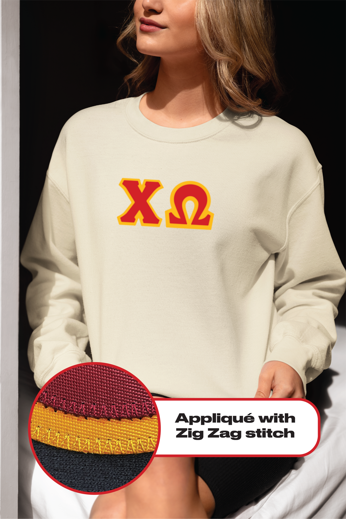 Chi Omega crewneck sweatshirt letters // Chi Omega zig-zag embroidered crewneck letters