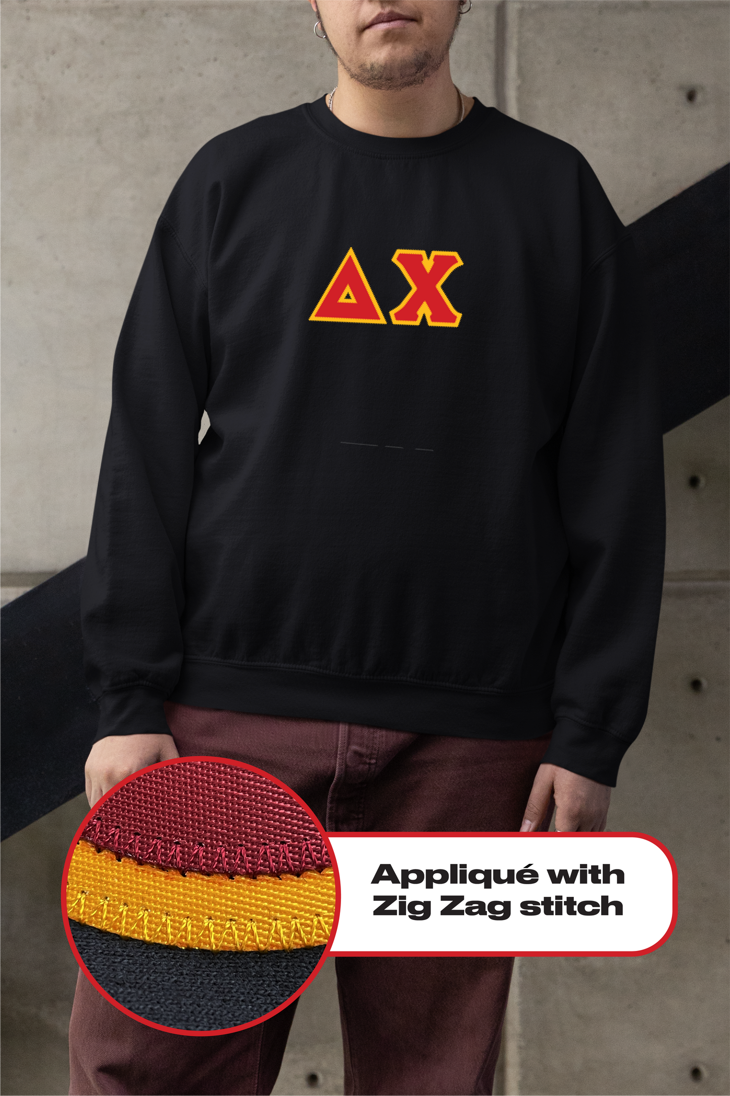 Delta Chi crewneck sweatshirt letters // Delta Chi zig-zag embroidered crewneck letters