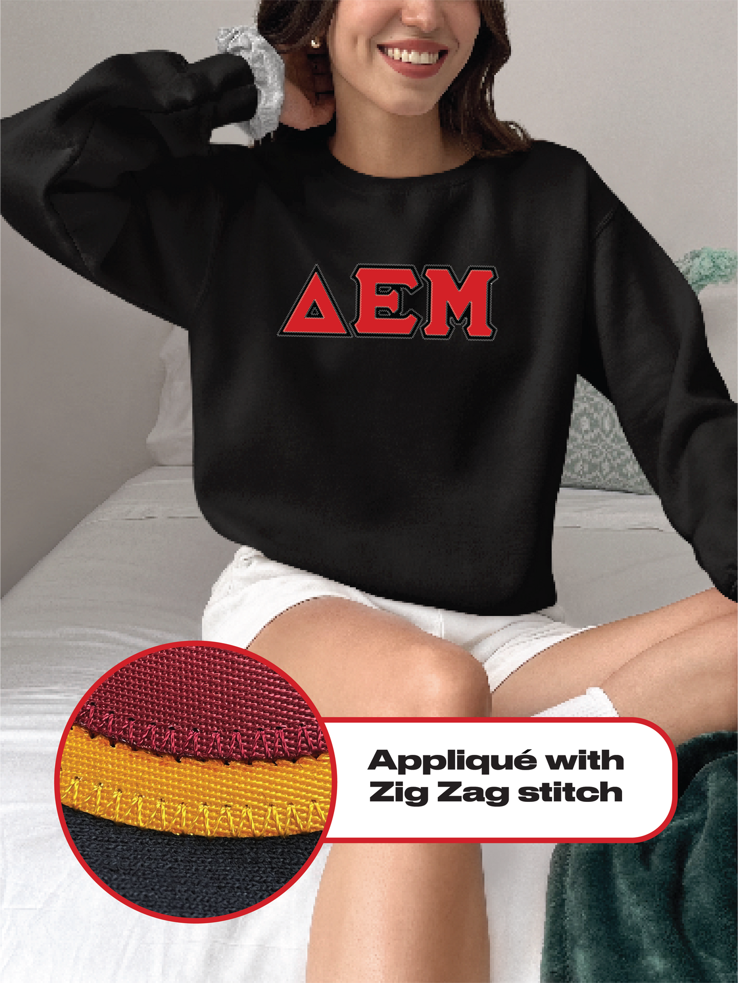 Delta Epsilon Mu crewneck sweatshirt letters // Delta Epsilon Mu zig-zag embroidered crewneck letters