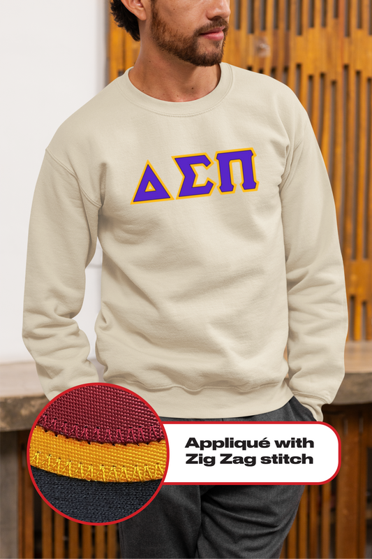 Delta Sigma Pi crewneck sweatshirt letters // Delta Sigma Pi zig-zag embroidered crewneck letters