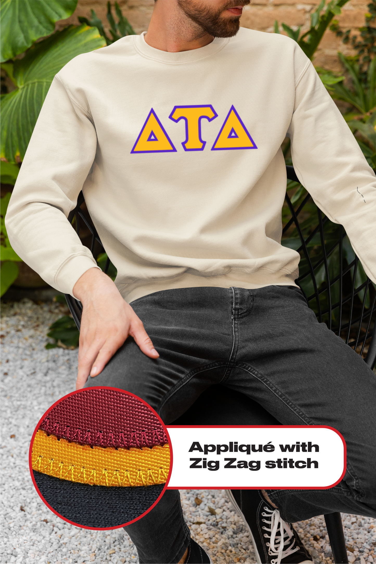 Delta Tau Delta crewneck sweatshirt letters // Delta Tau Delta zig-zag embroidered crewneck letters