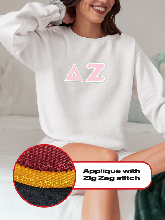 Delta Zeta crewneck sweatshirt letters // Delta Zeta zig-zag embroidered crewneck letters