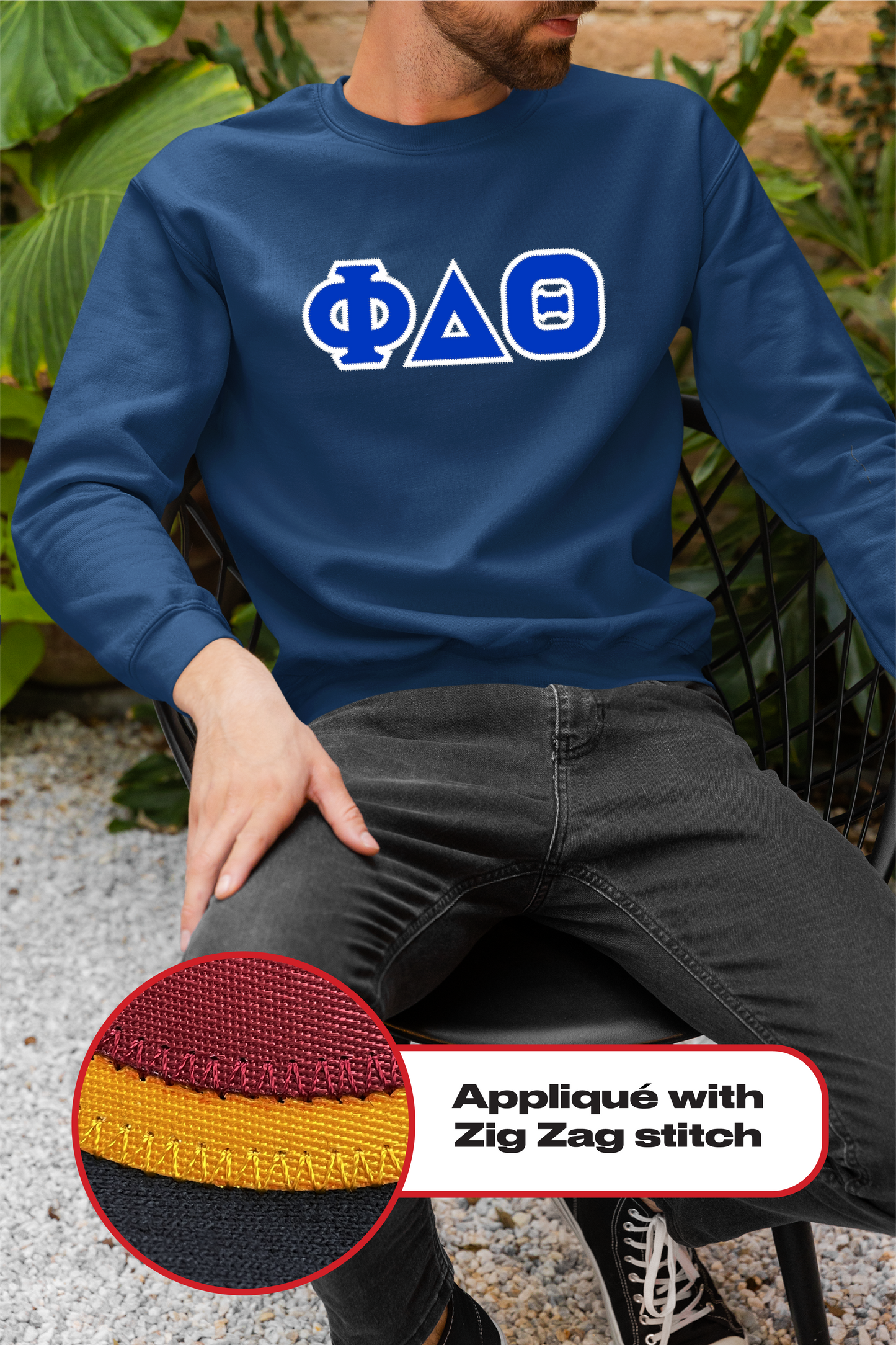 Phi Delta Theta crewneck sweatshirt letters // Phi Delta Theta zig-zag embroidered crewneck letters