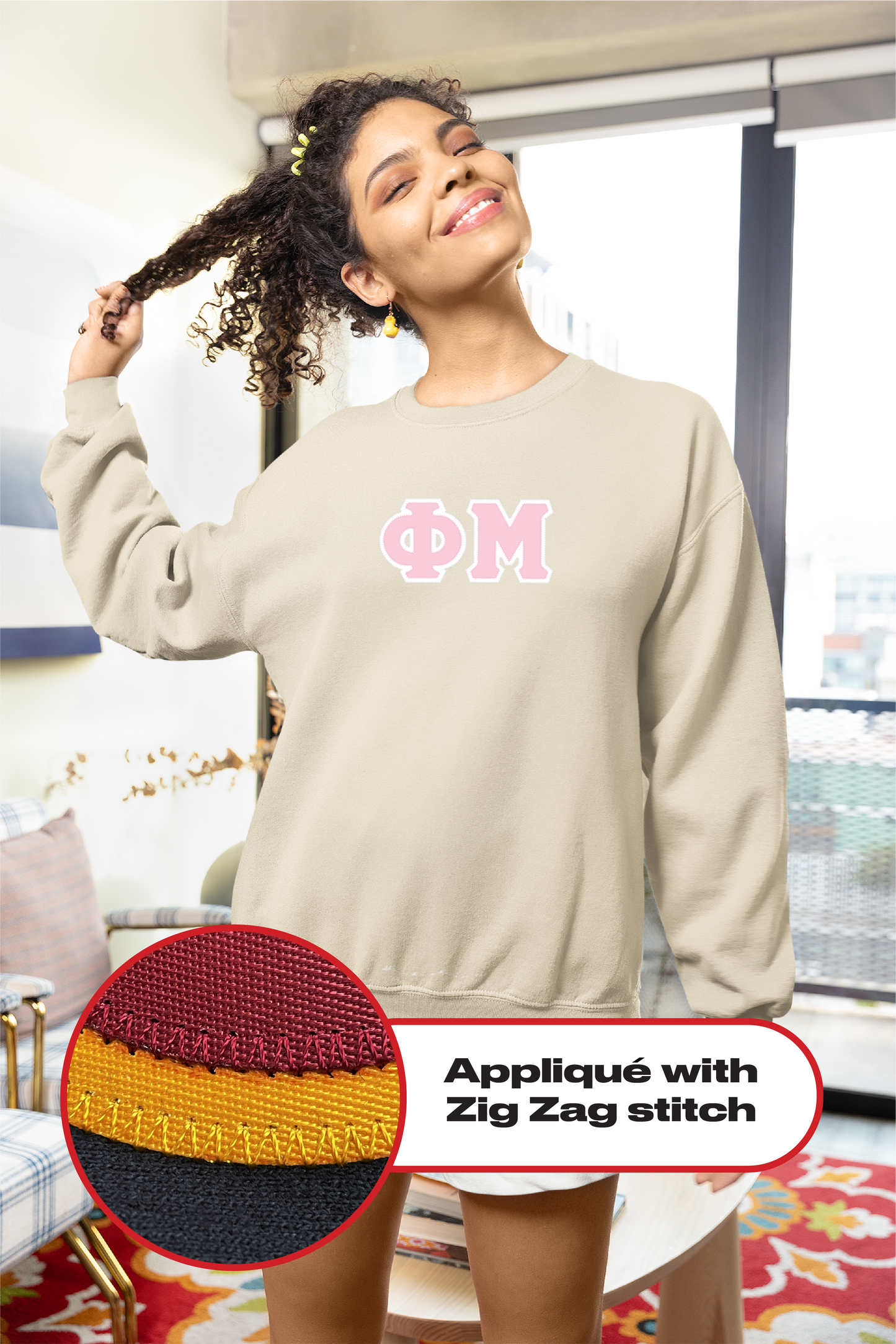 Phi Mu crewneck sweatshirt letters // Phi Mu zig-zag embroidered crewneck letters