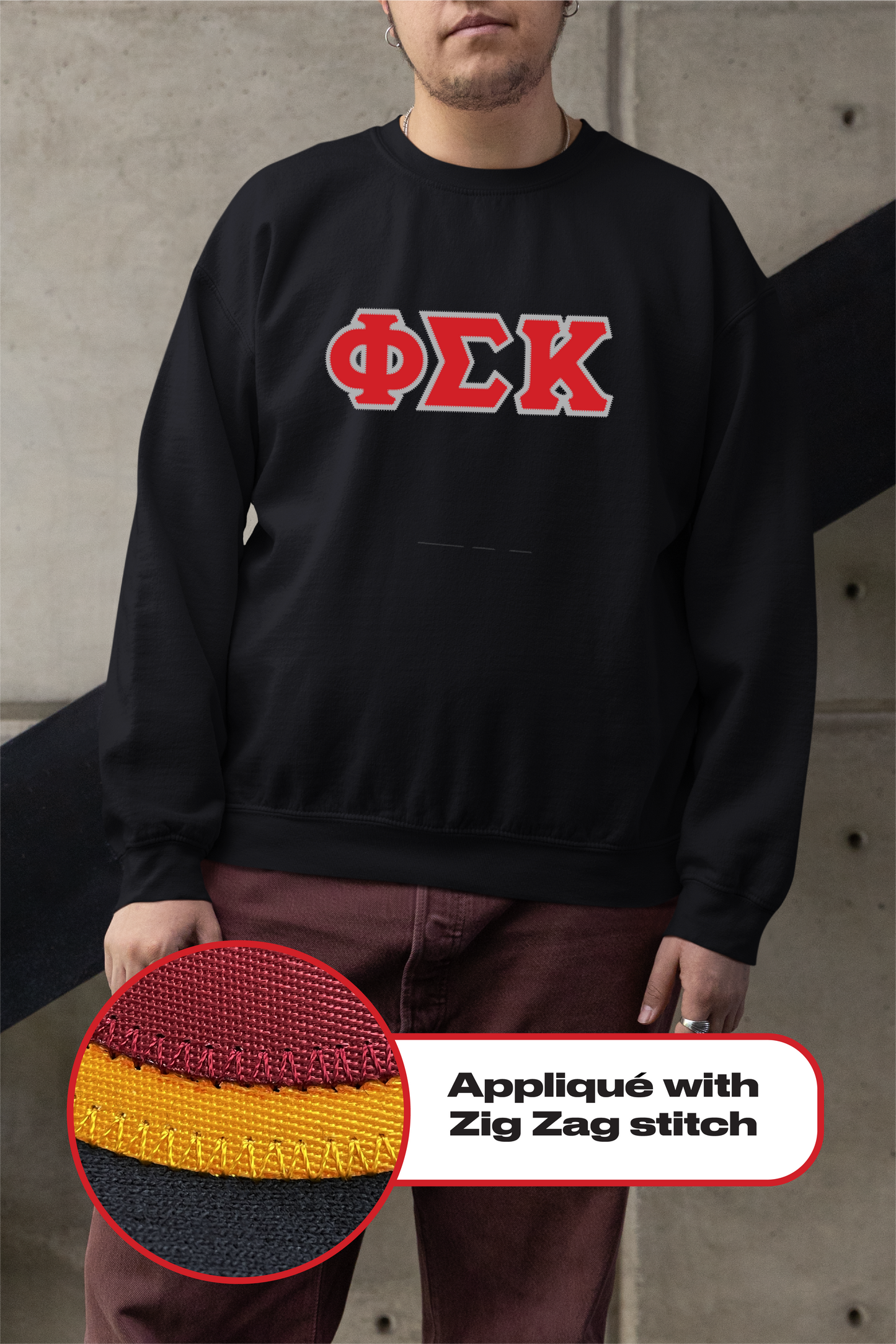 Phi Sigma Kappa crewneck sweatshirt letters // Phi Sigma Kappa zig-zag embroidered crewneck letters