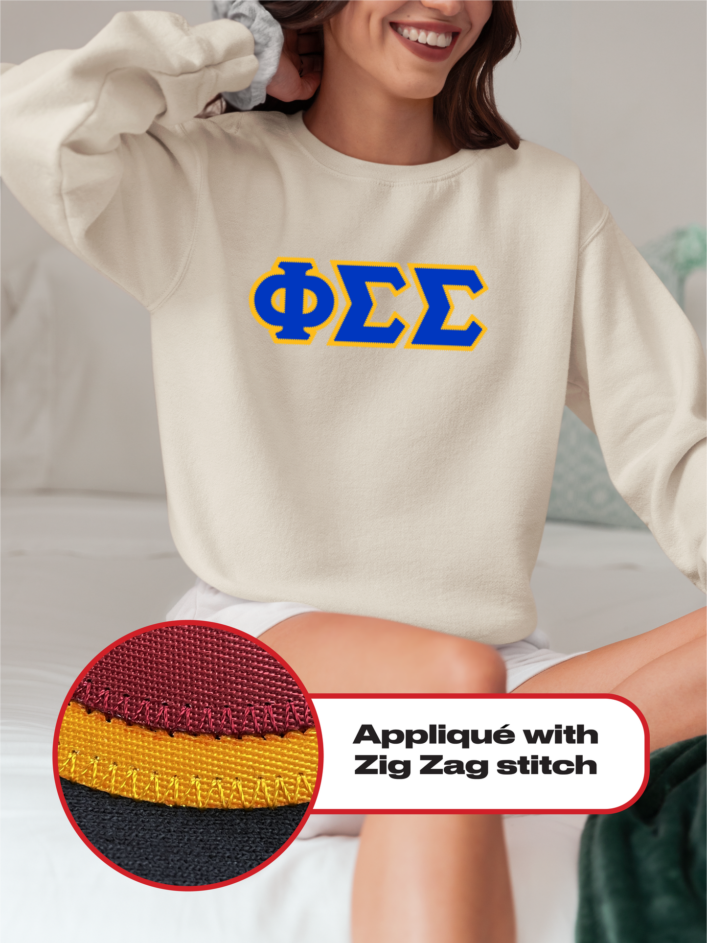 Phi Sigma Sigma crewneck sweatshirt letters // Phi Sigma Sigma zig-zag embroidered crewneck letters