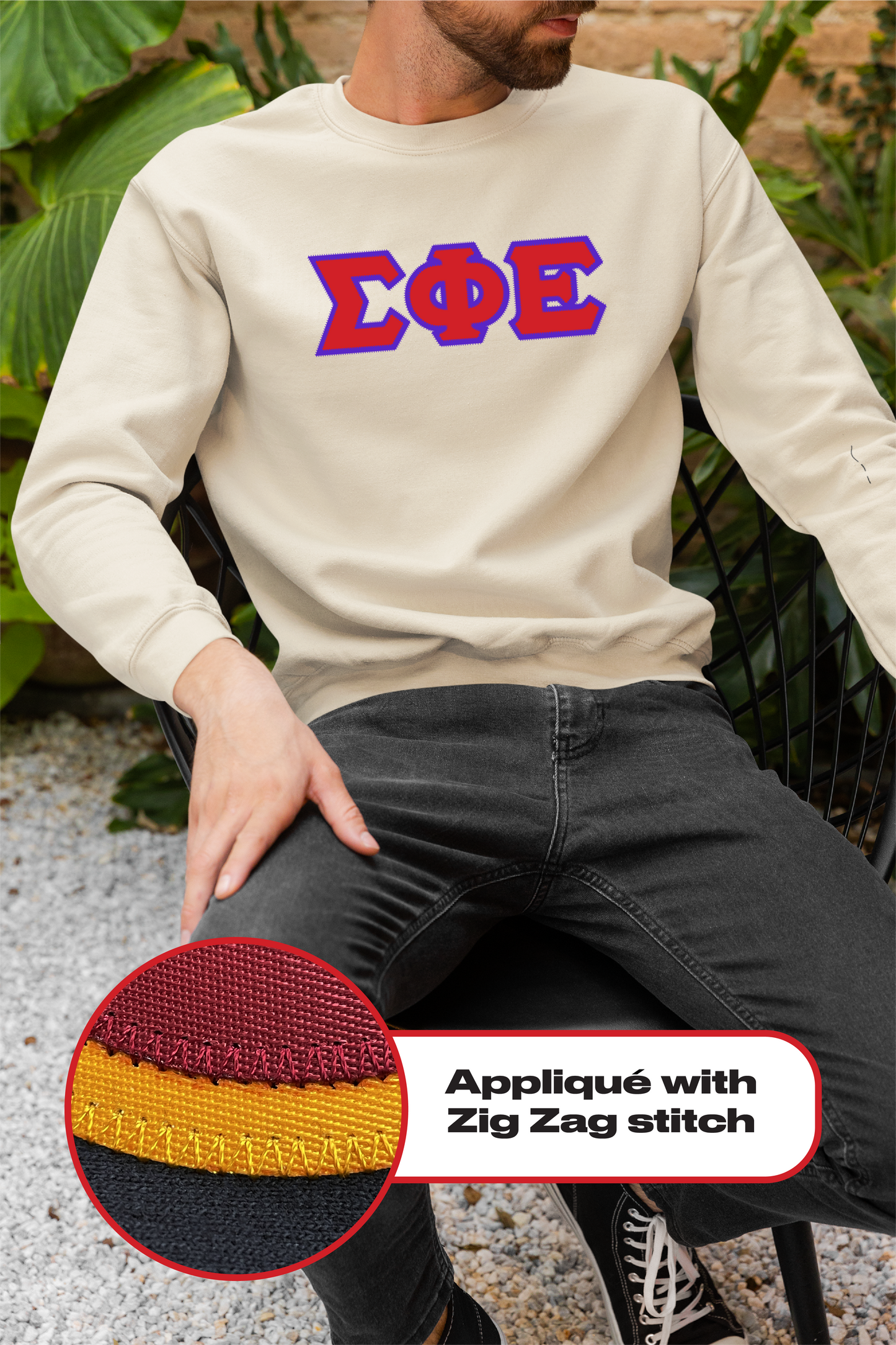 Sigma Phi Epsilon crewneck sweatshirt letters // Sigma Phi Epsilon zig-zag embroidered crewneck letters