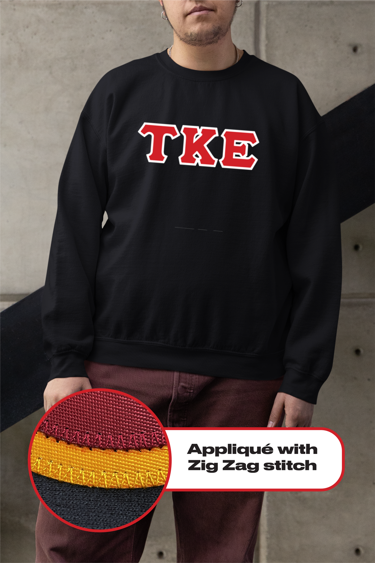 Tau Kappa Epsilon crewneck sweatshirt letters // Tau Kappa Epsilon zig-zag embroidered crewneck letters