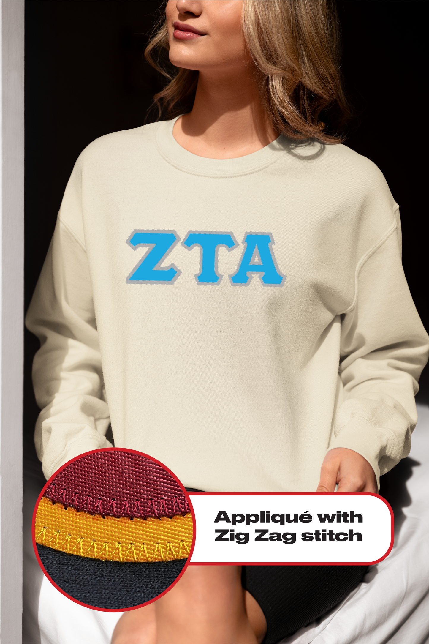 Zeta Tau Alpha crewneck sweatshirt letters // Zeta Tau Alpha zig-zag embroidered crewneck letters