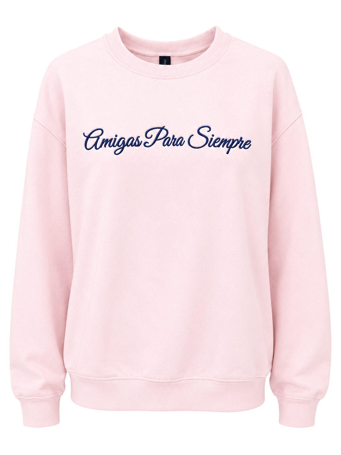 A light pink crewneck sweatshirt with 'Amigas Para Siempre' embroidered in navy blue cursive across the chest, displayed on a clean white background.